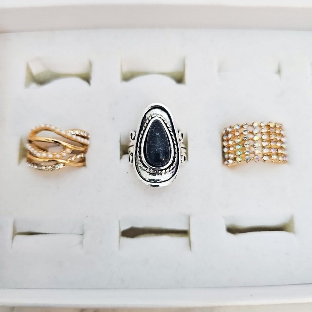 3pc Ring Set Black Stone Silver Gold Rhinestone Pearl Casual Cocktail